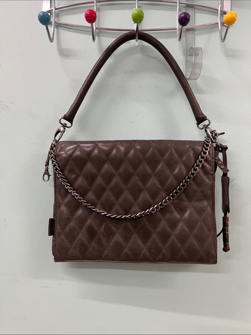 Quilted Chocolate Brown Shoulder Bag with Chain Detail